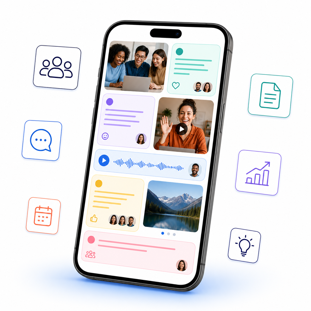 WelcomeChapter app on a phone showing shared pages for welcomes, celebrations, updates and voice notes