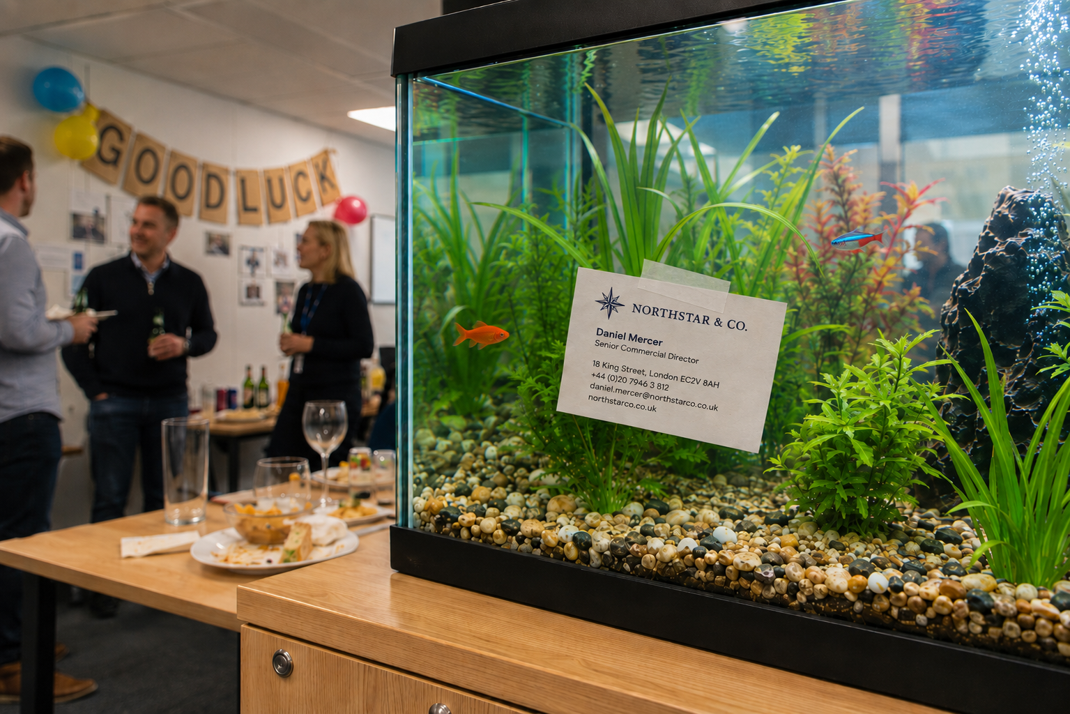 A business card taped inside an office fish tank during a colleague's leaving do, with a 'Good Luck' banner in the background
