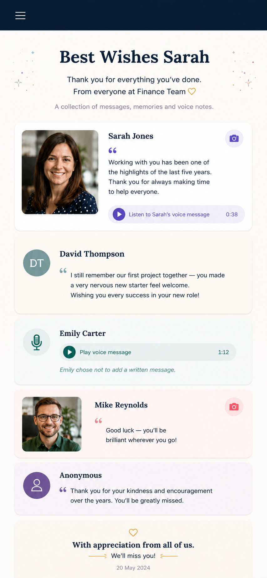 A welcome page for a new employee on a phone — a heading welcoming the new starter, followed by contributions from the CEO, manager, HR, payroll and IT with photos, messages and voice notes.