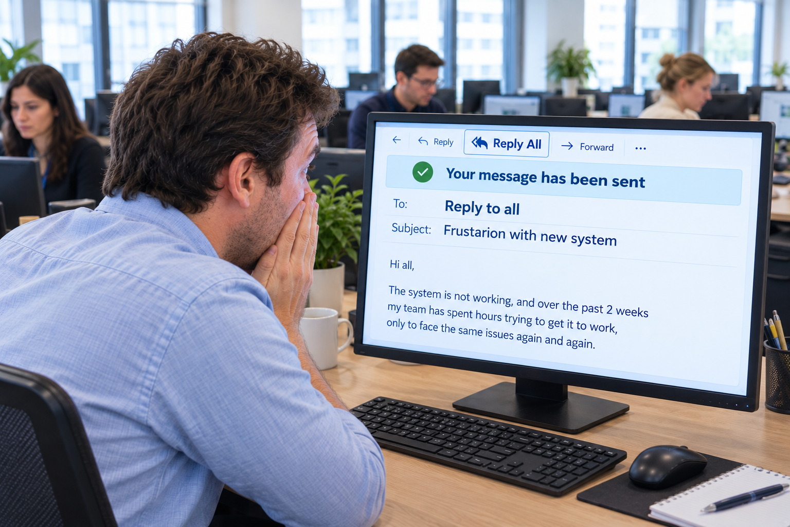 A colleague at his desk in despair after accidentally pressing Reply All to thousands of people