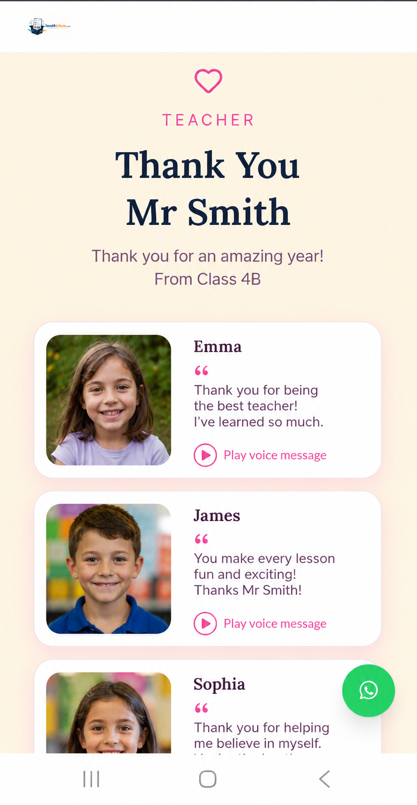 A Class Thank-You Page on a phone: heading 'Thank You Mr Smith — From Class 4B', followed by contributions from individual children, each with a photo, a personal thank-you message and a 'Play voice message' button.