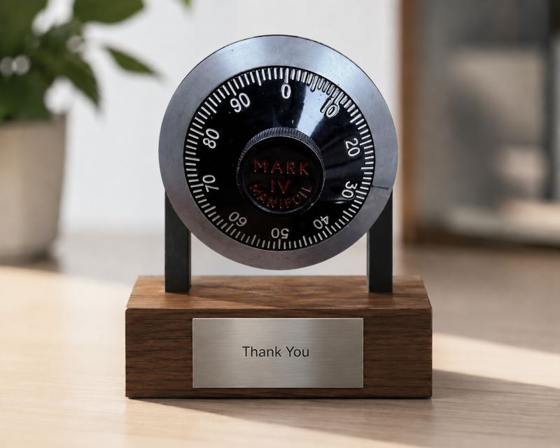 A Mark IV combination lock mounted on a wooden stand with an engraved 'Thank You' plaque