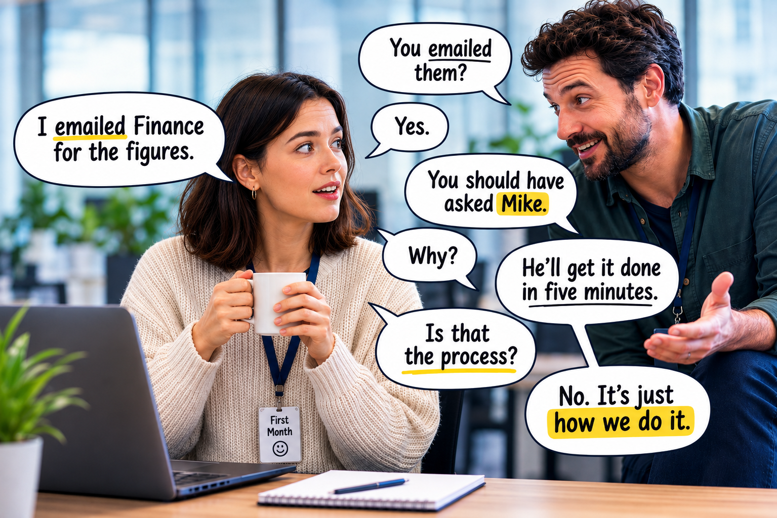 Two colleagues talking in an office with speech bubbles about emailing Finance and 'It's just how we do it'