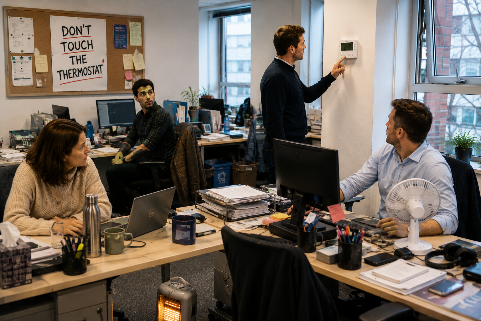 A colleague adjusting an office thermostat while others watch, beneath a 'Don't touch the thermostat' sign