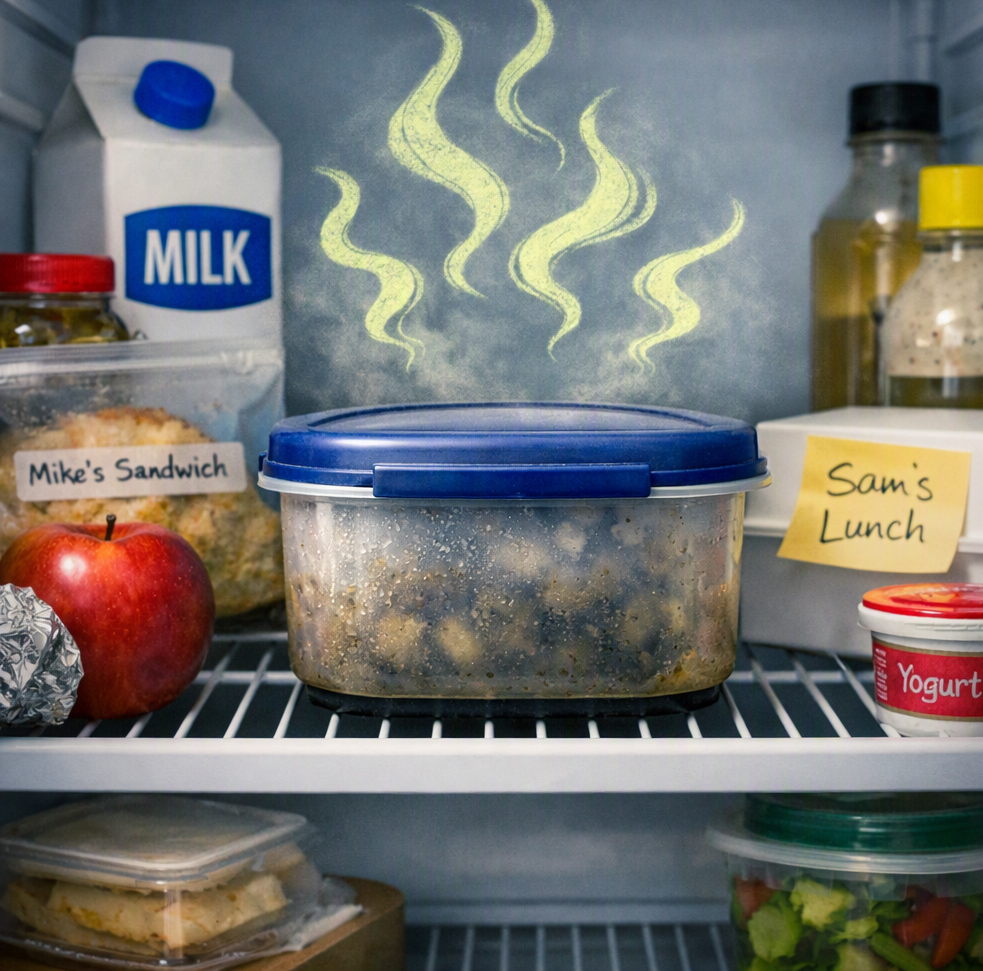 An office fridge filled with labelled lunches, milk and leftovers, with an old container giving off a bad smell