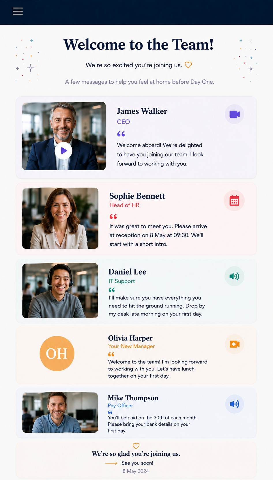 A new starter welcome page on a phone — Welcome to the Team! with messages from the CEO, Head of HR, IT support, manager and payroll officer.